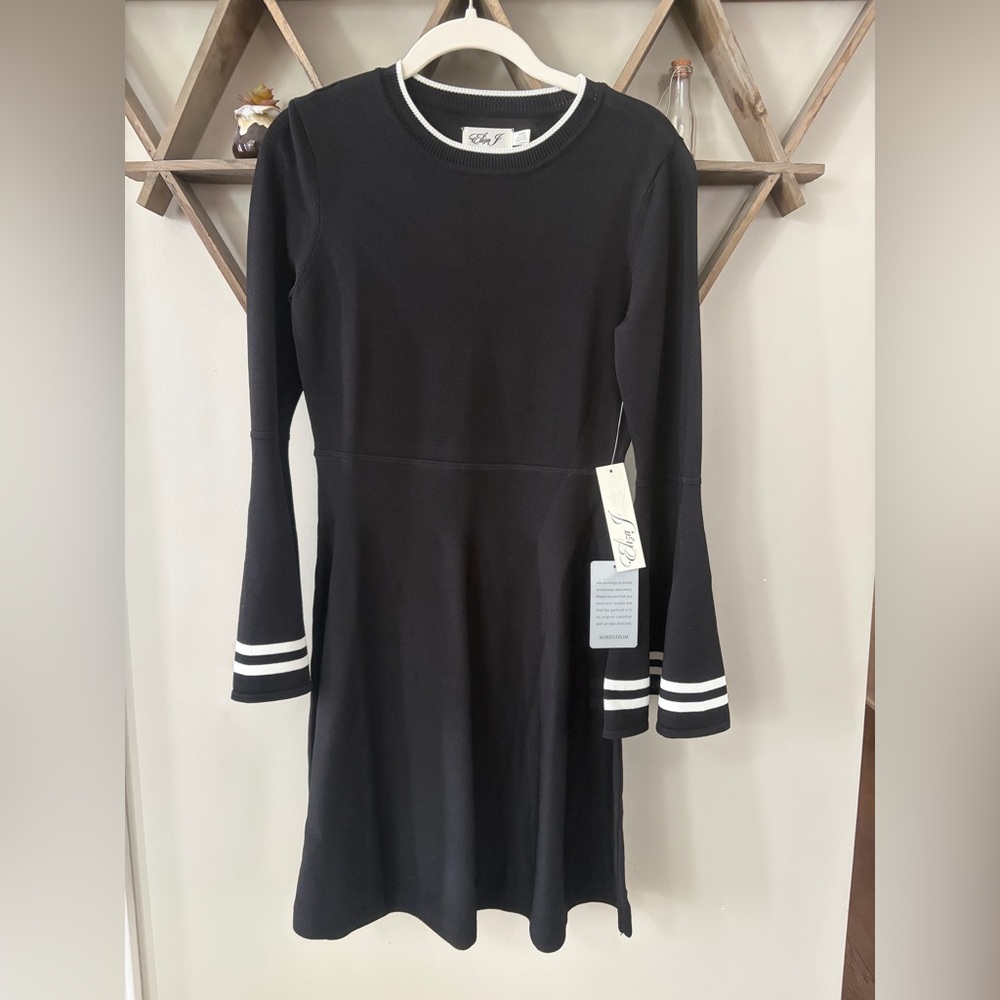 Eliza J black fit & flare sweater dress w white trim/bell sleeves. NWT. Sz small
